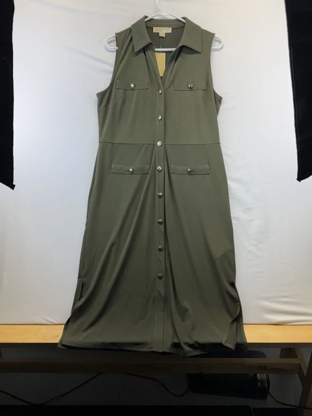 Michael Kors Olive Green Button Down Shirt Dress Sleeveless Faux Pockets Sz L - Picture 6 of 7